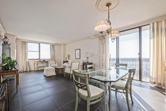 tiled dining space with expansive windows and crown molding