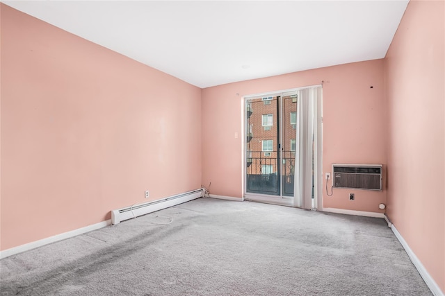 empty room featuring baseboard heating, carpet flooring, and a wall mounted air conditioner