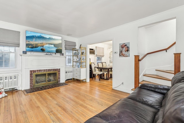 living room featuring radiator, a fireplace, and light hardwood / wood-style flooring