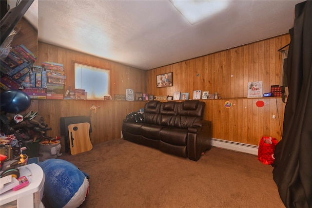 living room with carpet floors and baseboard heating