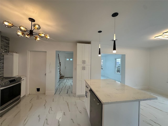 kitchen with dishwashing machine, a notable chandelier, white cabinets, marble finish floor, and stainless steel range with electric stovetop