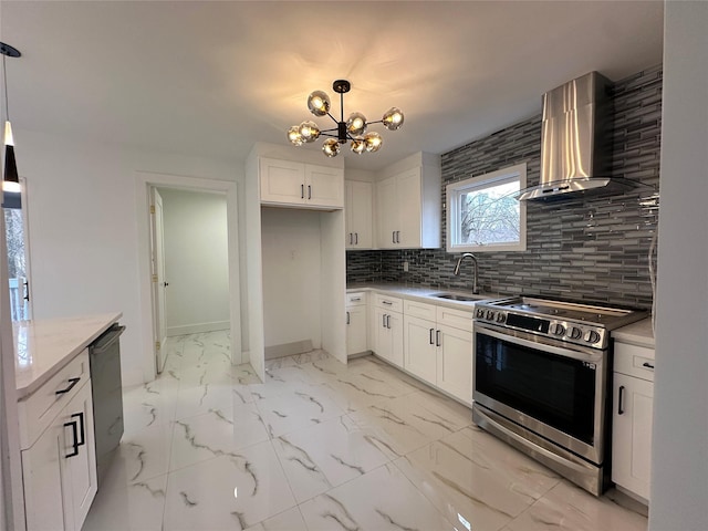 kitchen featuring a sink, marble finish floor, wall chimney range hood, stainless steel electric range oven, and tasteful backsplash