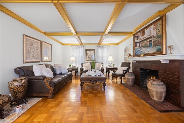 living room with coffered ceiling, a brick fireplace, beam ceiling, and light parquet flooring