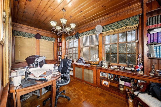 office featuring wood ceiling, wood-type flooring, and a chandelier