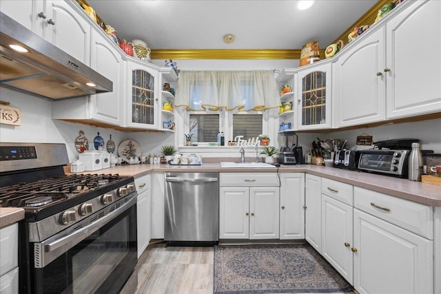 kitchen featuring white cabinetry, appliances with stainless steel finishes, light hardwood / wood-style floors, and sink