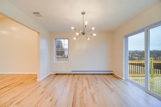 unfurnished dining area with a baseboard heating unit, a notable chandelier, and light hardwood / wood-style floors