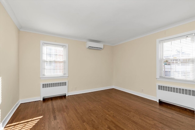 unfurnished room featuring crown molding, dark wood-type flooring, radiator heating unit, and a wall unit AC