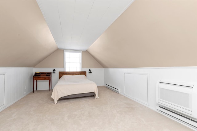 carpeted bedroom featuring baseboard heating, lofted ceiling, and a wall mounted AC