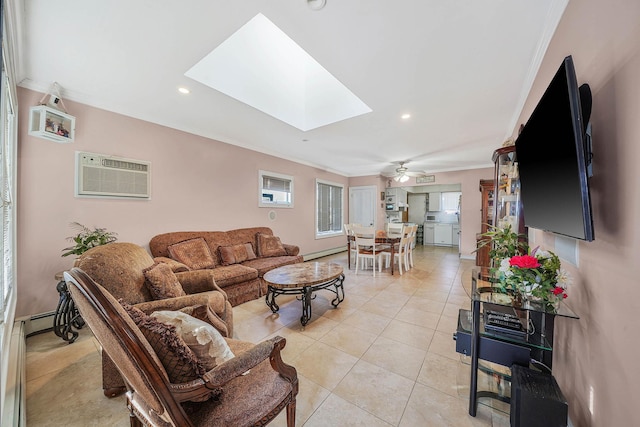 tiled living room featuring a skylight, ornamental molding, baseboard heating, and a wall mounted air conditioner