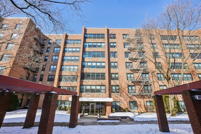 view of snow covered building