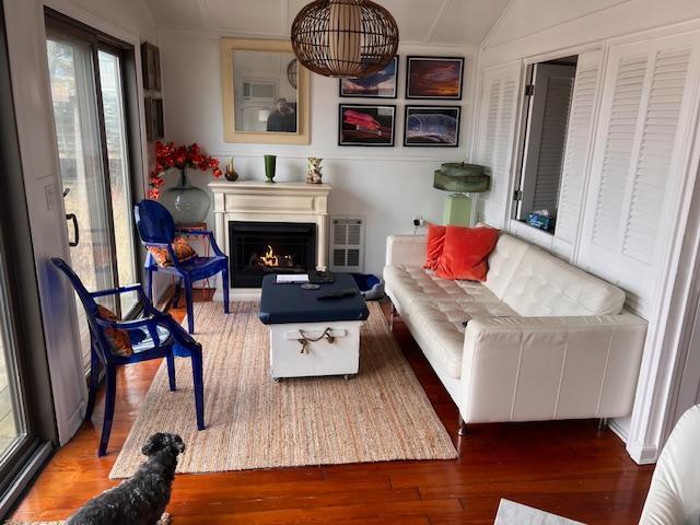 living area with vaulted ceiling and dark wood-type flooring