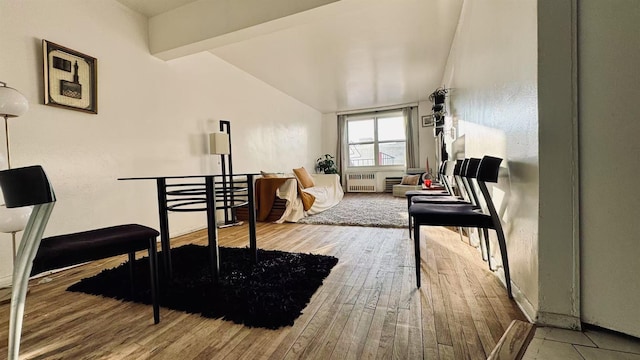 interior space with radiator, vaulted ceiling, and wood-type flooring