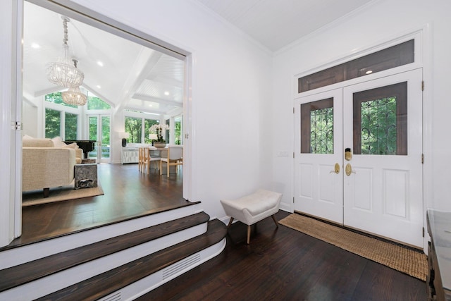 652 Long Hill Rd W, Briarcliff Manor, NY 10510 - foyer featuring hardwood / wood-style floors, ornamental molding, french doors, and a chandelier