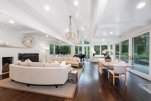 652 Long Hill Rd W, Briarcliff Manor, NY 10510 - living room with beam ceiling, a chandelier, a fireplace, recessed lighting, and dark wood-type flooring