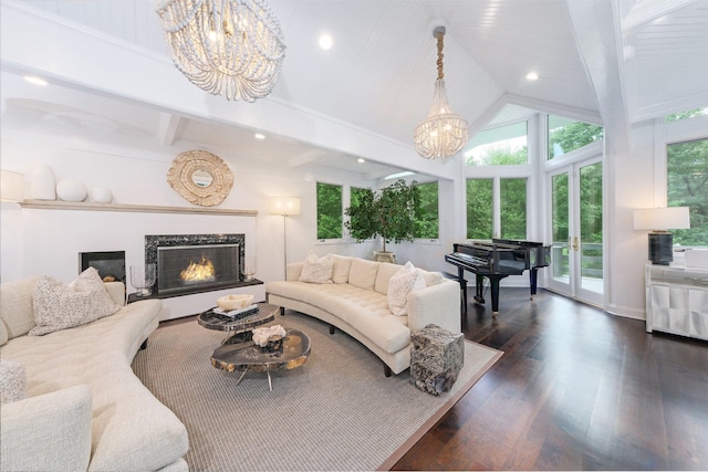 652 Long Hill Rd W, Briarcliff Manor, NY 10510 - living room featuring a chandelier, a premium fireplace, dark wood-style floors, recessed lighting, and french doors