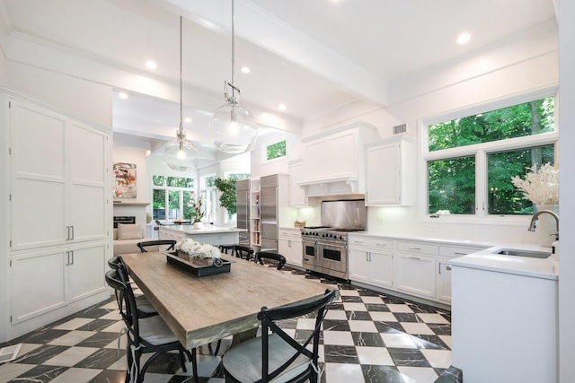 652 Long Hill Rd W, Briarcliff Manor, NY 10510 - kitchen featuring a sink, high quality appliances, dark floors, beam ceiling, and white cabinets