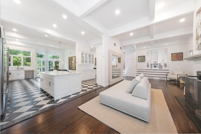 652 Long Hill Rd W, Briarcliff Manor, NY 10510 - living room featuring beamed ceiling, dark wood-style floors, and recessed lighting