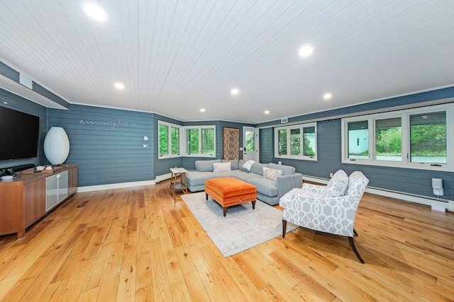 652 Long Hill Rd W, Briarcliff Manor, NY 10510 - living room with hardwood / wood-style floors, baseboard heating, wooden ceiling, and recessed lighting