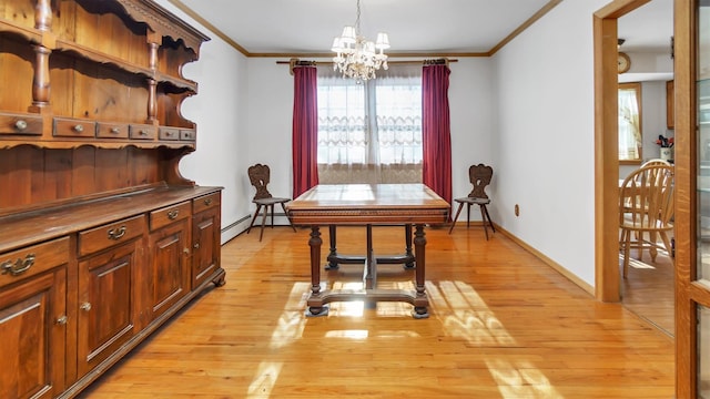 47A Old Squires Rd, Hampton Bays, NY 11946 - dining area with a chandelier, crown molding, a baseboard heating unit, and light wood finished floors