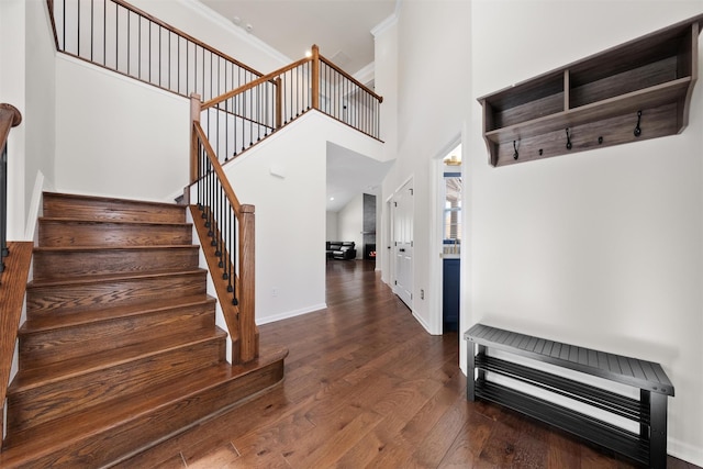 mudroom with a high ceiling and dark hardwood / wood-style floors