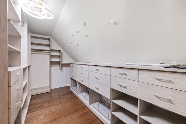 spacious closet featuring vaulted ceiling and dark hardwood / wood-style floors