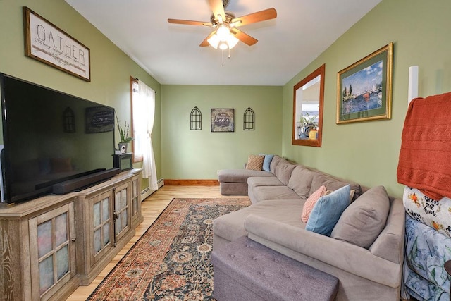 living room with ceiling fan and light hardwood / wood-style floors