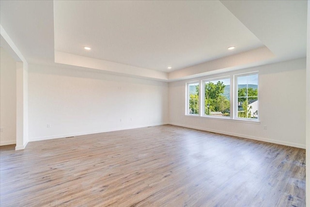 empty room featuring a raised ceiling and light hardwood / wood-style flooring