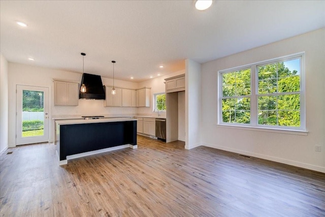 kitchen featuring light hardwood / wood-style floors, dishwasher, hanging light fixtures, custom range hood, and a center island