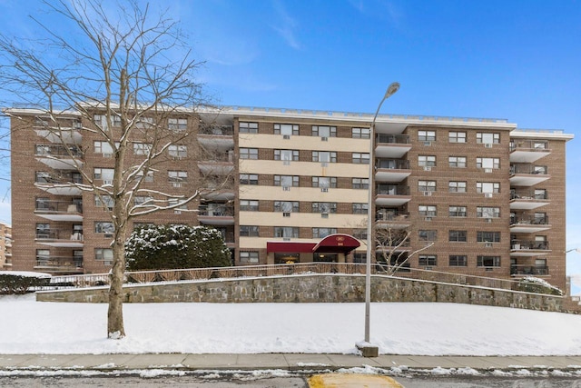 view of snow covered building