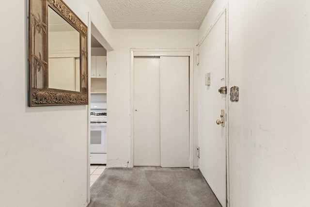 hall featuring light carpet and a textured ceiling