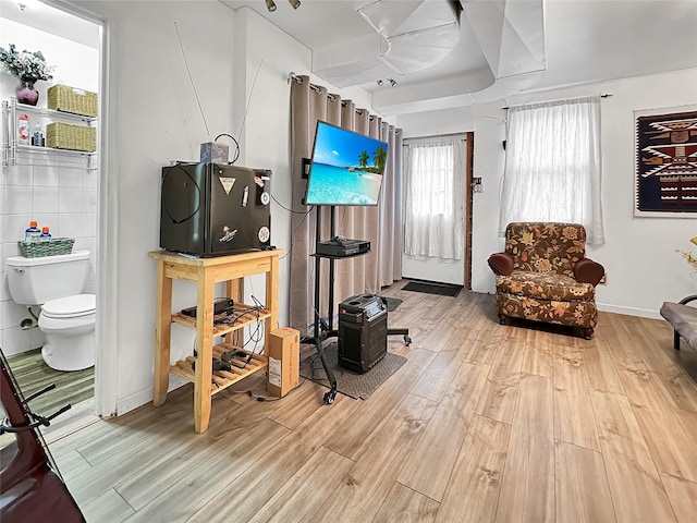 interior space with a raised ceiling and light wood-type flooring