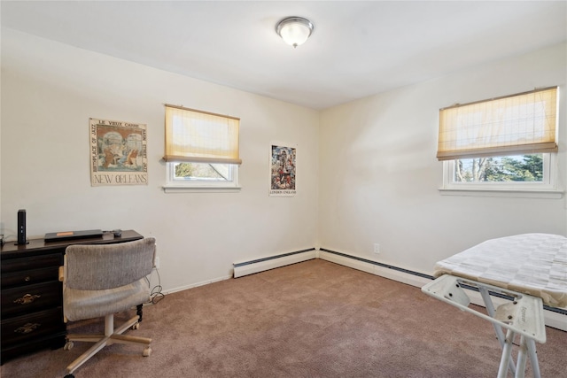 office with carpet and a baseboard heating unit