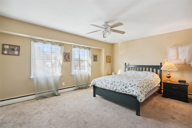 bedroom with carpet, a baseboard heating unit, and ceiling fan