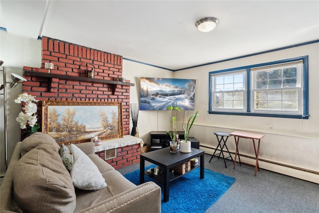 living room featuring crown molding, a baseboard radiator, a fireplace, and carpet flooring