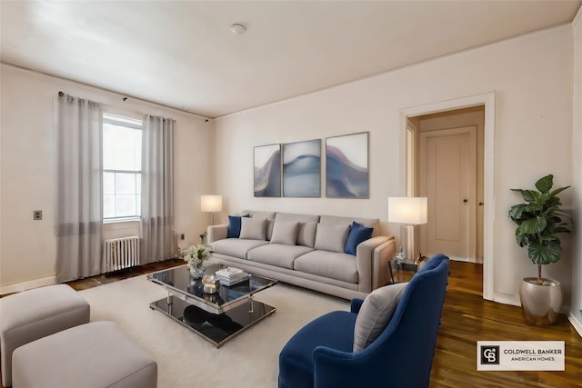 living room with dark hardwood / wood-style floors and radiator heating unit