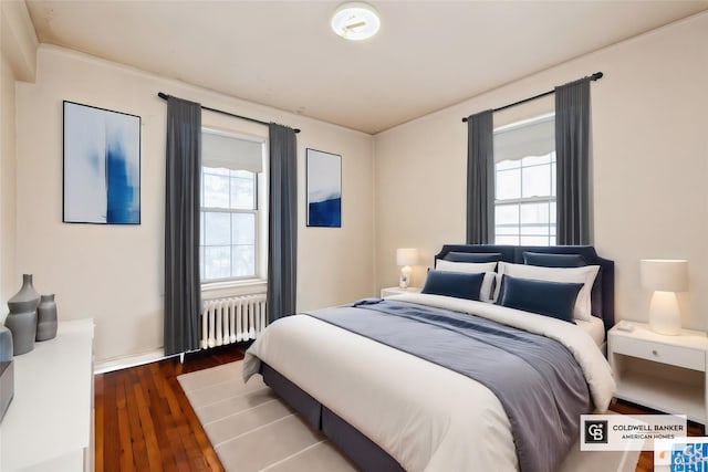 bedroom with radiator heating unit, multiple windows, and hardwood / wood-style floors