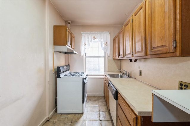 kitchen with stainless steel dishwasher, sink, and white range with gas cooktop