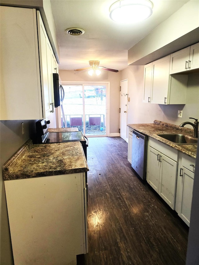 kitchen featuring ceiling fan, dark hardwood / wood-style floors, sink, stainless steel appliances, and white cabinets