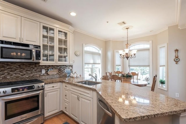 319 Trotting Ln Unit 23, Westbury, NY 11590 - kitchen featuring appliances with stainless steel finishes, a peninsula, a chandelier, healthy amount of natural light, and ornamental molding
