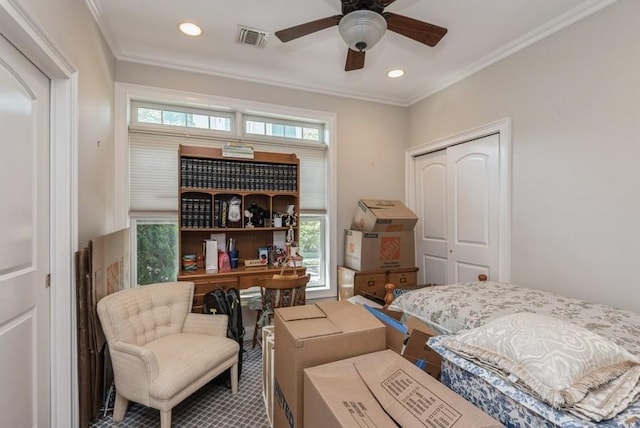319 Trotting Ln Unit 23, Westbury, NY 11590 - carpeted bedroom featuring a closet, recessed lighting, crown molding, and a ceiling fan