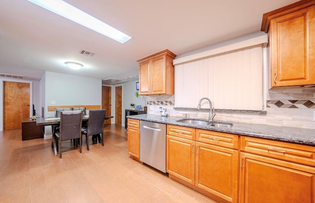 kitchen featuring stone counters, stainless steel dishwasher, backsplash, and sink