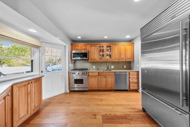 kitchen with light wood-style floors, light countertops, a sink, and high quality appliances