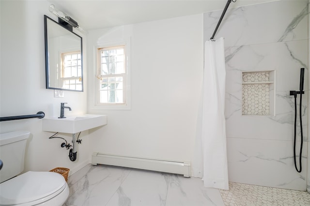 bathroom featuring toilet, curtained shower, and a baseboard radiator