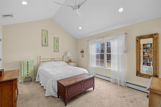 carpeted bedroom with ceiling fan, vaulted ceiling, and baseboard heating