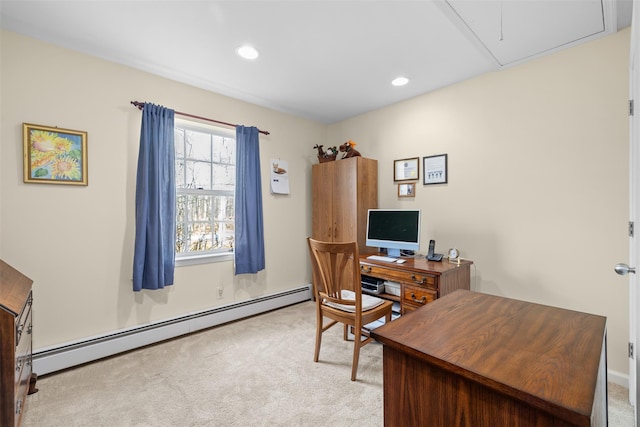 office area with light colored carpet and a baseboard radiator