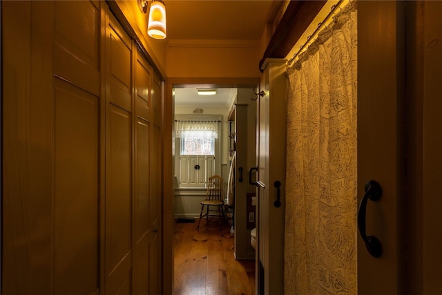 hallway featuring crown molding and wood-type flooring