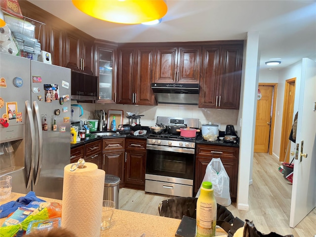 kitchen with tasteful backsplash, range hood, sink, light hardwood / wood-style flooring, and stainless steel appliances