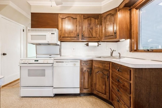 kitchen featuring ceiling fan, sink, white appliances, and ornamental molding