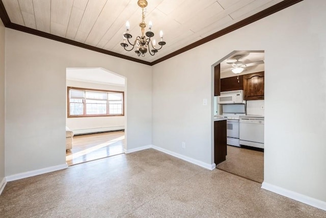 unfurnished dining area featuring a baseboard heating unit, ceiling fan with notable chandelier, ornamental molding, and wooden ceiling