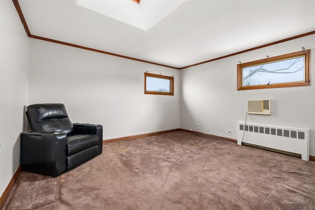 living area with carpet, a healthy amount of sunlight, radiator heating unit, and a wall unit AC